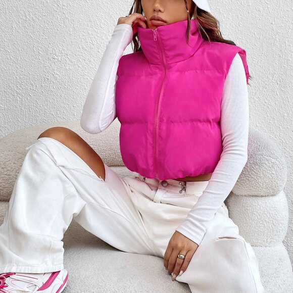 Hot Pink Casual Women's Y2k Zipper Front Vest Padded Coat - Picture 4 of 6